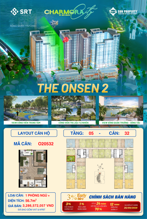 Căn 1 phòng ngủ + với diện tích 52,2m2 giá chỉ từ 2,7 tỷ (TTS 95%) từ tòa Onsen 2, Chamora City